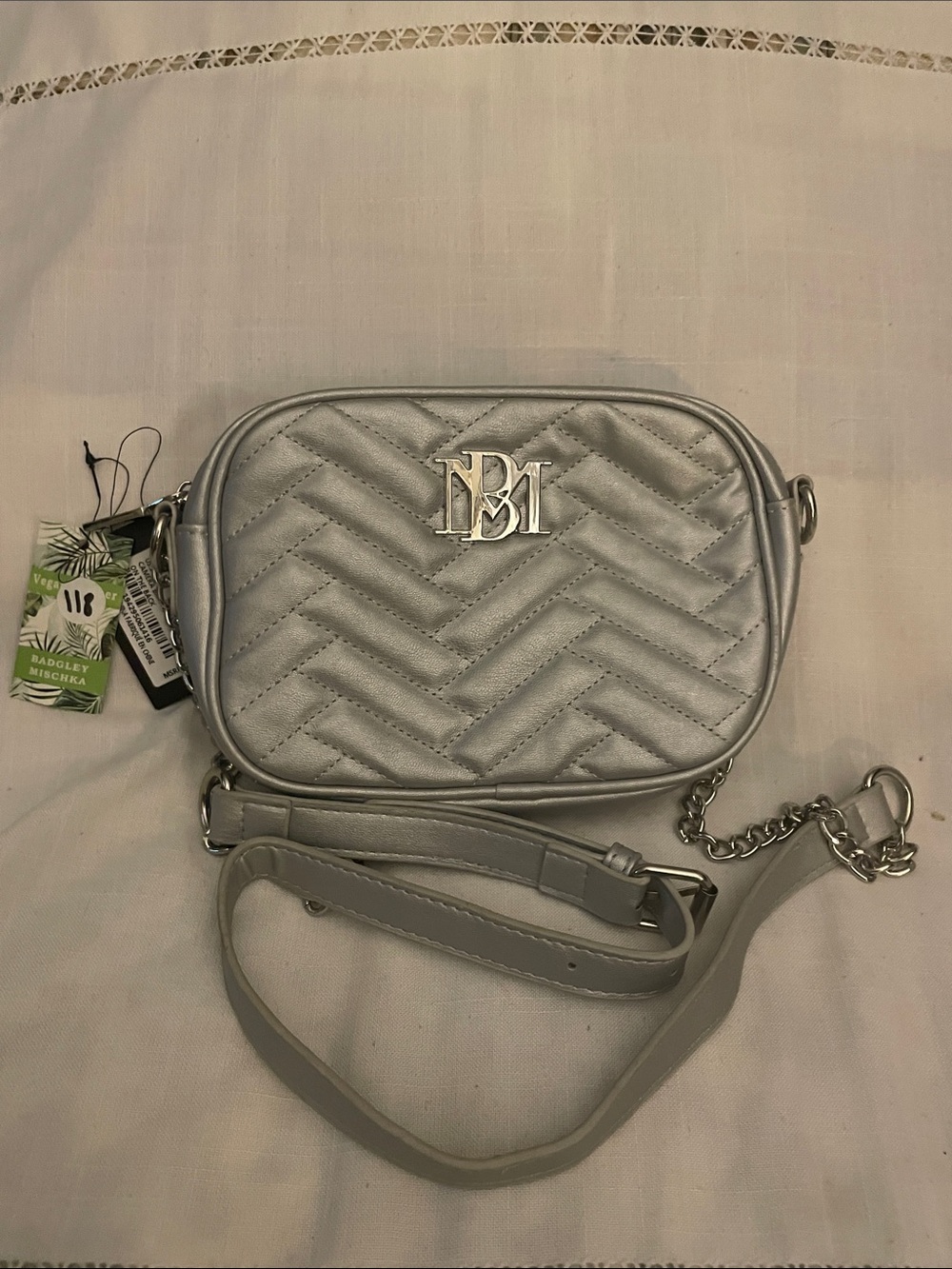 Badgley Mischka Metallic Gray Quilted Crossbody Bag NWT